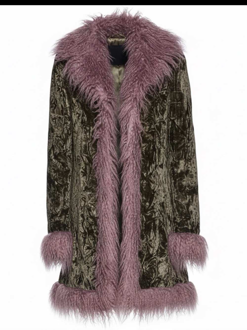 Dolls Kill Art Magic Crushed Velvet Green coat with lilac fur